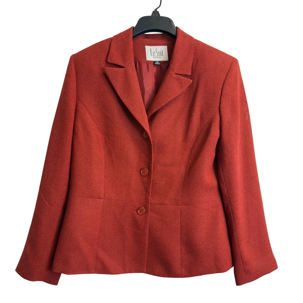 Le Suit Petite Womens 12P Rust Red 2 Piece Skirt Suit Blazer Set Textured Crepe